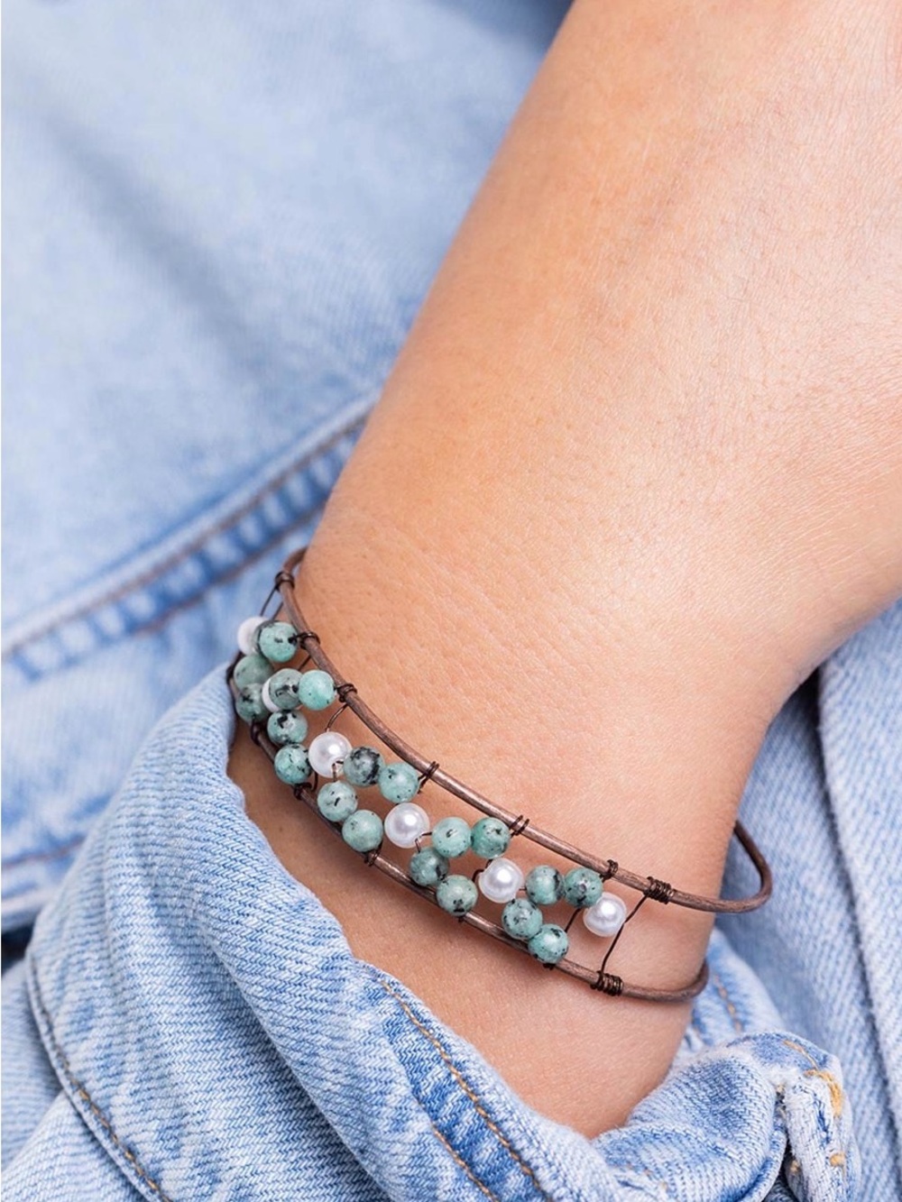 HIGH-WIRE HALLMARK - COPPER GREEN STONE WHITE PEARL CUFF BRACELET - PAPARAZZI